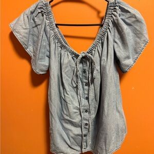 Express Gray Puff Sleeve Ruched Blouse